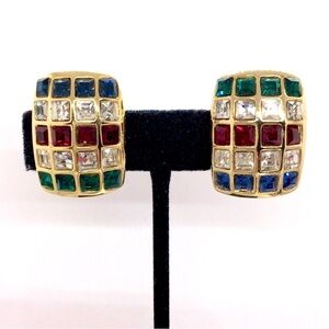 VINTAGE 80S CLIP ON EARRINGS MULTI COLOR RECTANGLE MOGUL RHINESTONES GOLD TONE